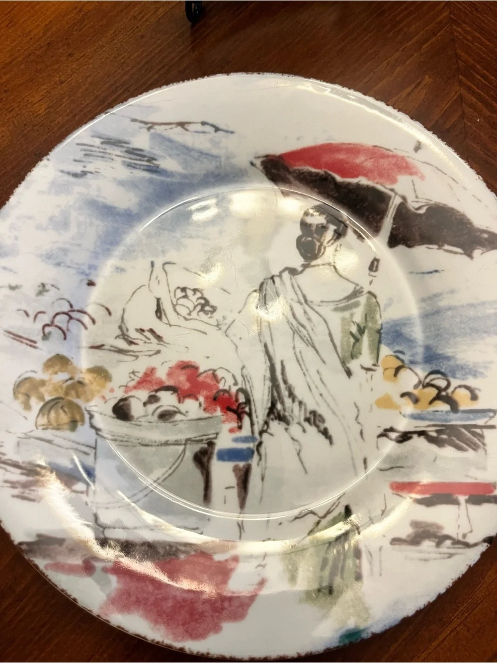 Pier One Destination 7 1/2” salad/dessert plates Set of 4, Red & Blue Accents